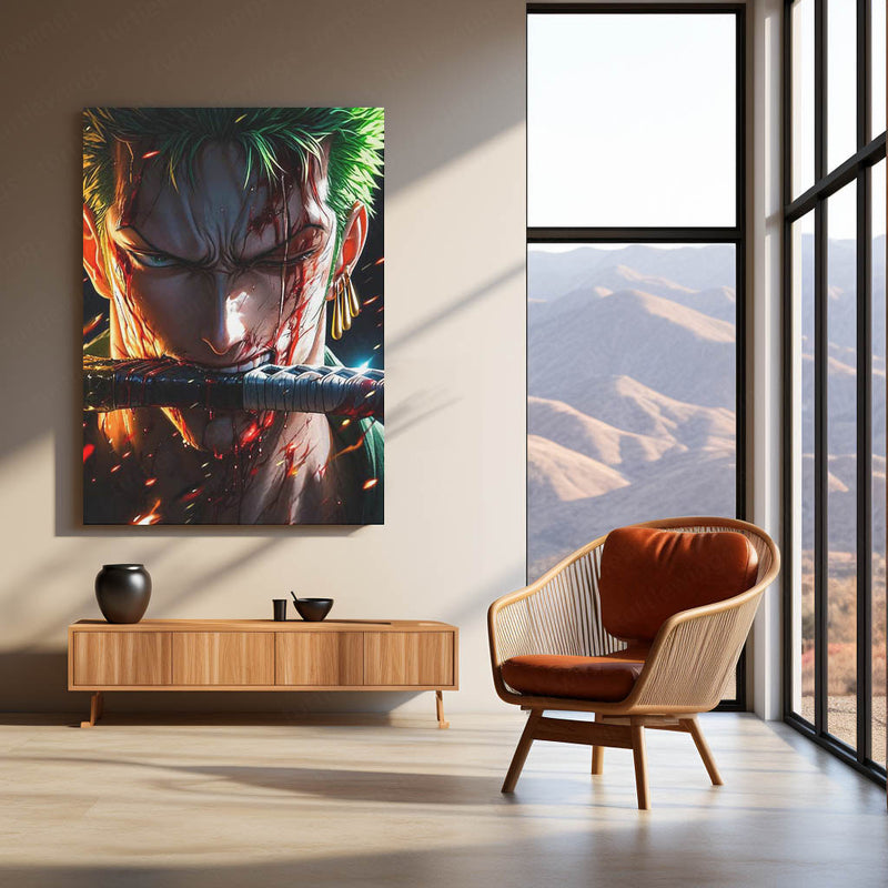 Anime Metal Poster | One Piece Metal Poster | Battle-Worn Roronoa Zoro Wall Art | Epic Three Sword Style Anime Metal Frame