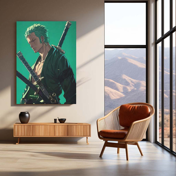 Anime Metal Poster | Roronoa Zoro – Swordmaster Metal Poster | One Piece Anime Wall Frame | Three-Sword Style Art
