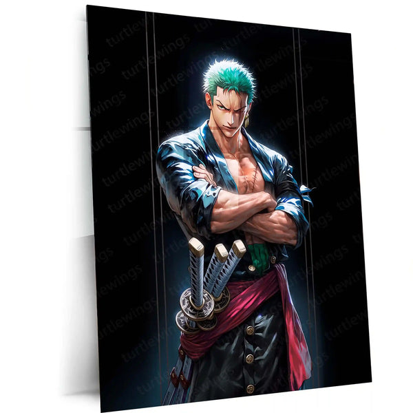 Anime Metal Poster | Roronoa Zoro Metal Poster | One Piece Anime Wall Art | Three Sword Style Warrior Frame | Zoro Premium Anime Decor - TURTLEWINGS 