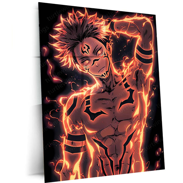 Anime Metal Poster | Ryomen Sukuna – Cursed Flame Mode Metal Poster | Jujutsu Kaisen Anime Wall Frame