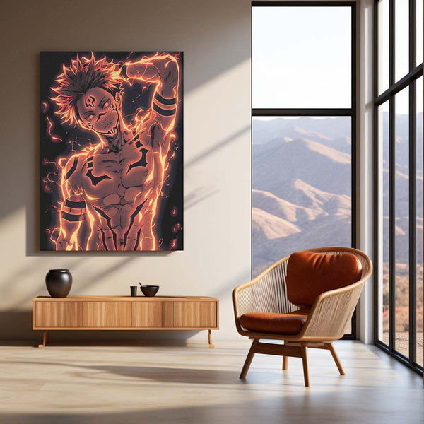 Anime Metal Poster | Ryomen Sukuna – Cursed Flame Mode Metal Poster | Jujutsu Kaisen Anime Wall Frame