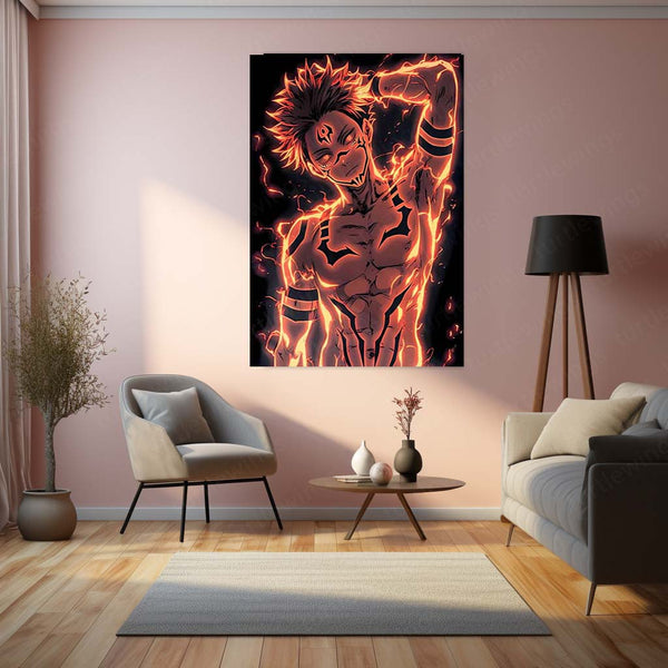 Anime Metal Poster | Ryomen Sukuna – Cursed Flame Mode Metal Poster | Jujutsu Kaisen Anime Wall Frame