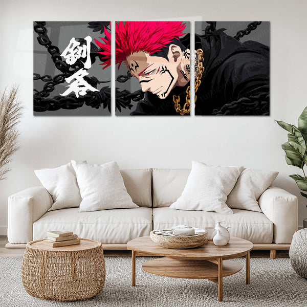 Anime Metal Poster Set of 3 | Jujutsu Kaisen | Ryomen Sukuna Red Hair Dark Triptych Wall Art