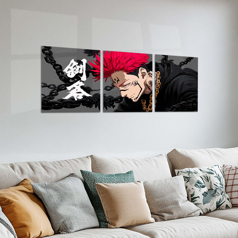 Anime Metal Poster Set of 3 | Jujutsu Kaisen | Ryomen Sukuna Red Hair Dark Triptych Wall Art