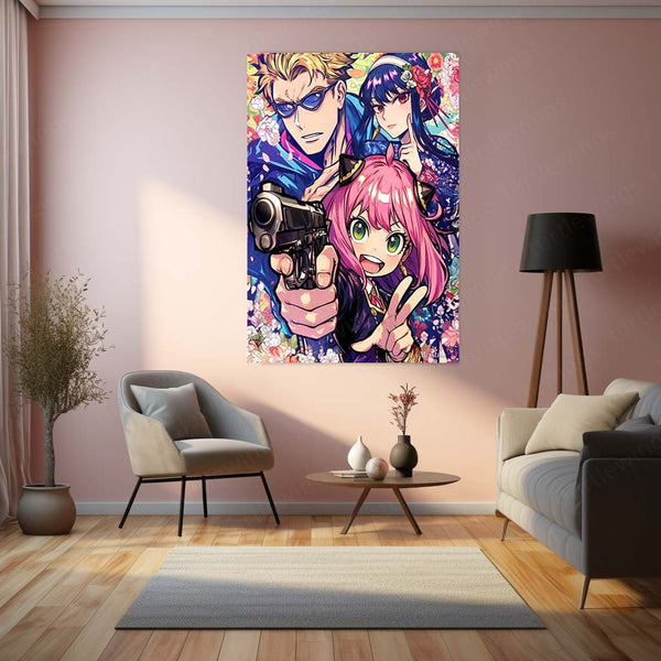 Anime Metal Poster | SPY×FAMILY – Action Trio Floral Style Metal Poster | Forger Family Anime Wall Frame