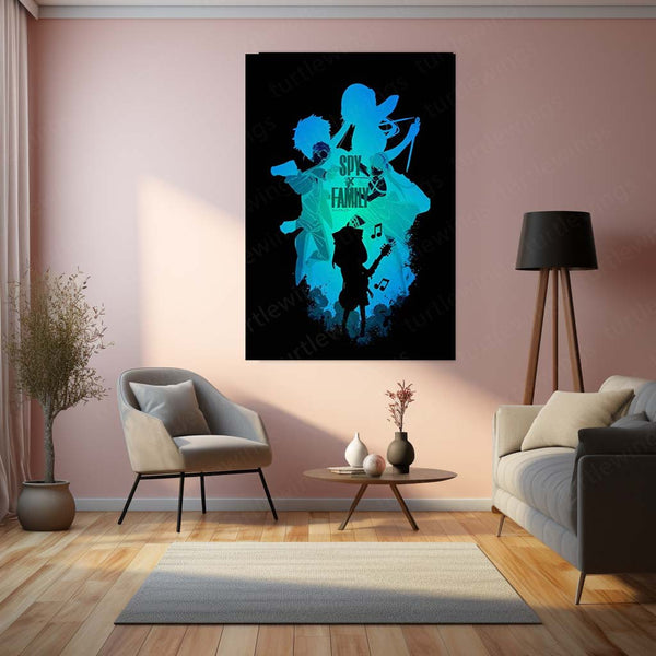 Anime Metal Poster | SPY×FAMILY – Silhouette Edition Neon Blue Metal Poster | Forger Family Anime Wall Frame