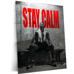 STAY CALM – Bodybuilder Sitting Under Light in Locker Room Metal Frame | Grit-Focused Gym Motivation Wall Art - TURTLEWINGS 
