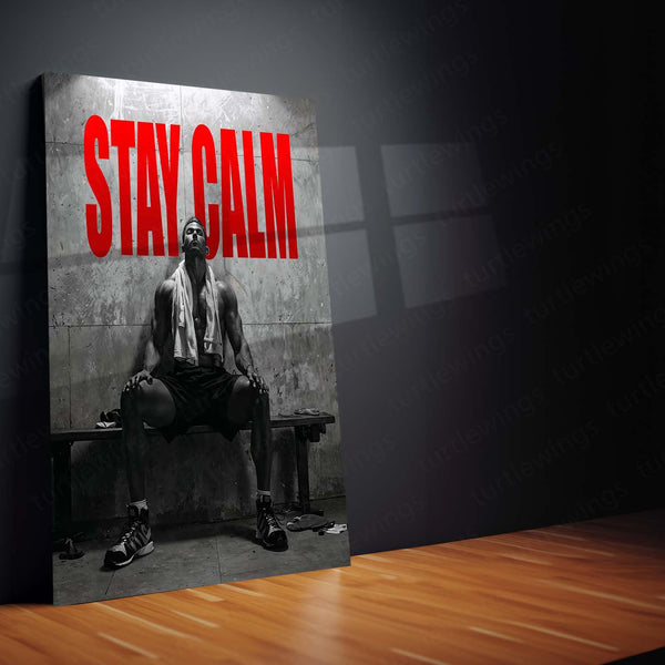 STAY CALM – Bodybuilder Sitting Under Light in Locker Room Metal Frame | Grit-Focused Gym Motivation Wall Art - TURTLEWINGS 