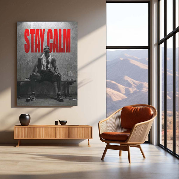 STAY CALM – Bodybuilder Sitting Under Light in Locker Room Metal Frame | Grit-Focused Gym Motivation Wall Art - TURTLEWINGS 