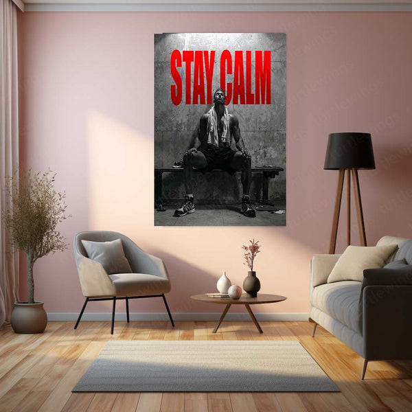 STAY CALM – Bodybuilder Sitting Under Light in Locker Room Metal Frame | Grit-Focused Gym Motivation Wall Art - TURTLEWINGS 