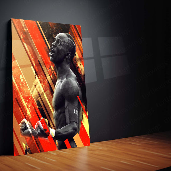Sadio Mané Liverpool Metal Frame – Power Pose with Abstract Red Stripes | Premier League Wall Art - TURTLEWINGS 