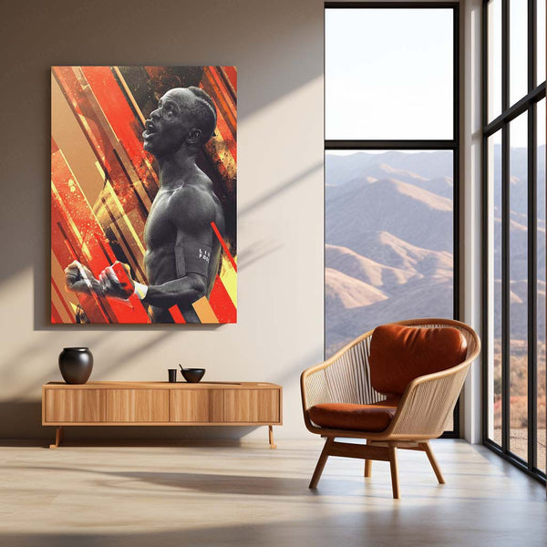 Sadio Mané Liverpool Metal Frame – Power Pose with Abstract Red Stripes | Premier League Wall Art - TURTLEWINGS 