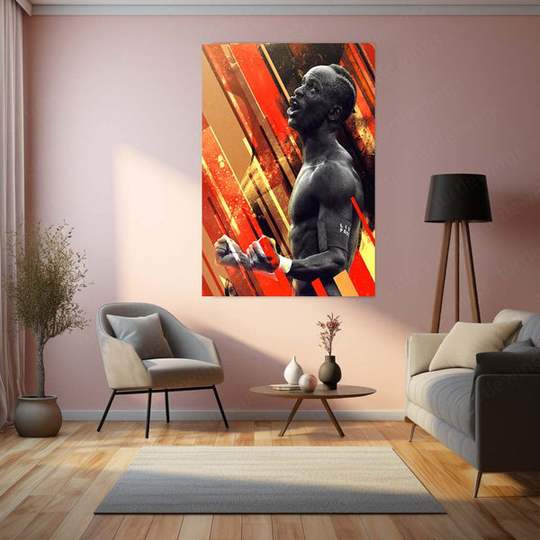 Sadio Mané Liverpool Metal Frame – Power Pose with Abstract Red Stripes | Premier League Wall Art - TURTLEWINGS 