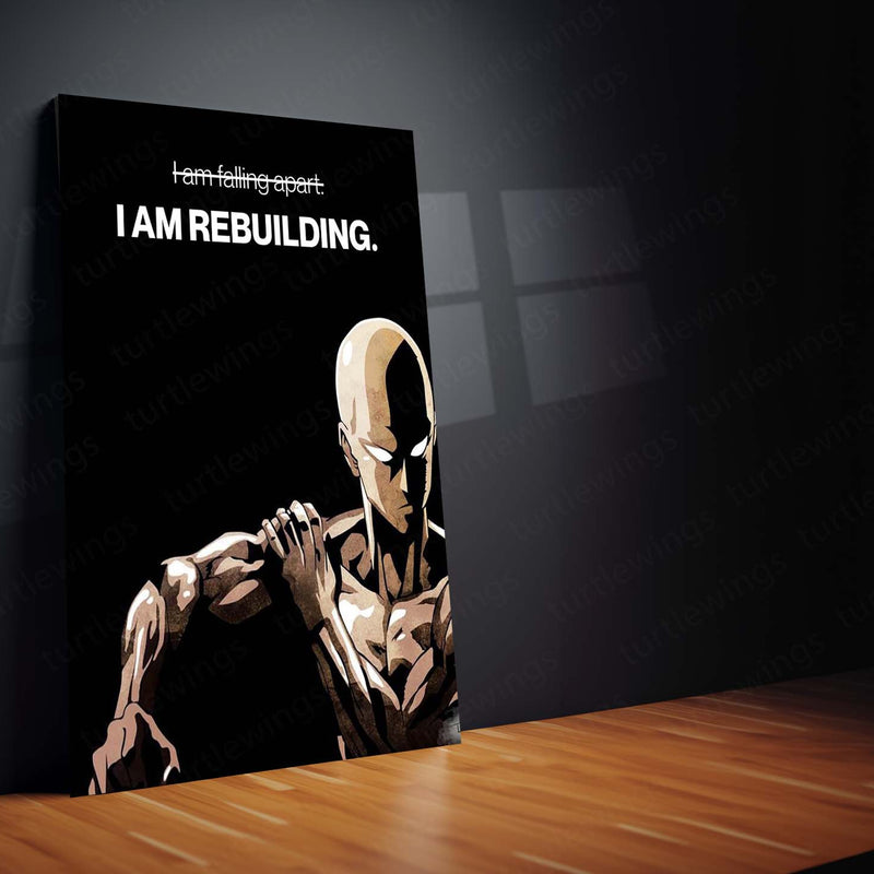 Anime Metal Poster | Saitama “I Am Rebuilding” Metal Poster | One Punch Man Motivational Anime Wall Art | Resilience & Comeback Metal Print