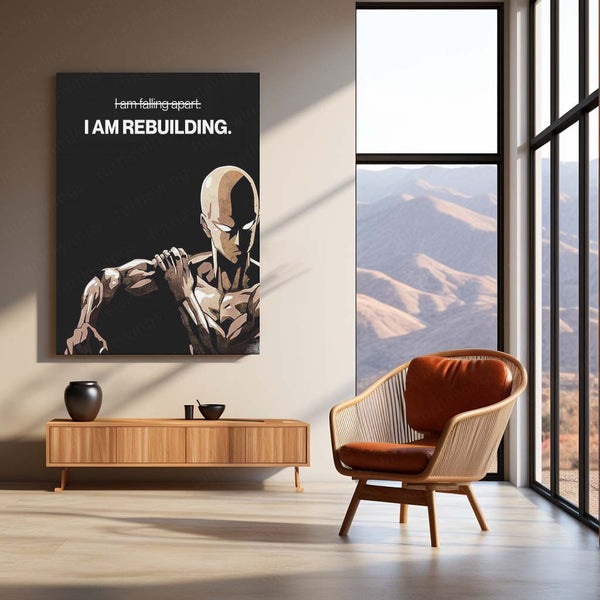 Anime Metal Poster | Saitama “I Am Rebuilding” Metal Poster | One Punch Man Motivational Anime Wall Art | Resilience & Comeback Metal Print