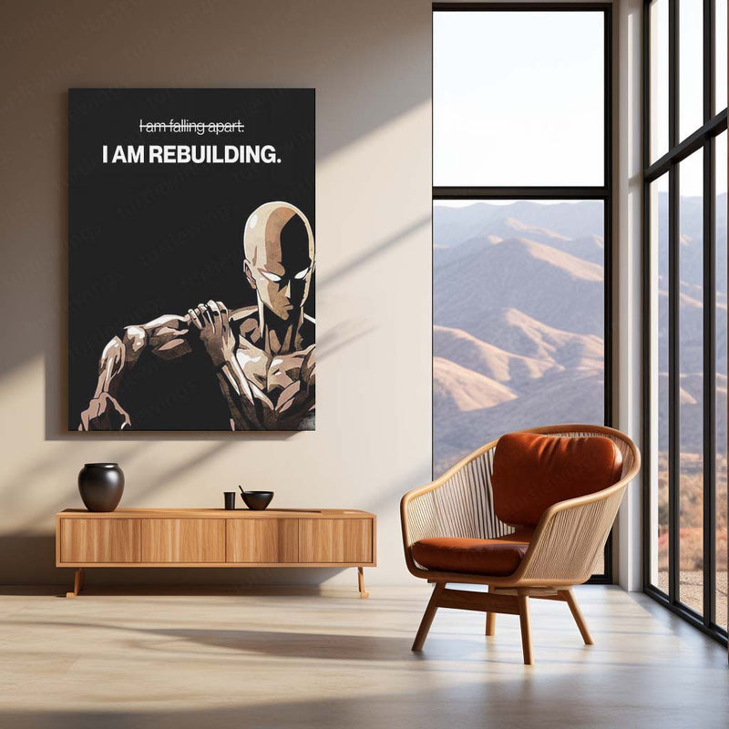 Anime Metal Poster | Saitama “I Am Rebuilding” Metal Poster | One Punch Man Motivational Anime Wall Art | Resilience & Comeback Metal Print