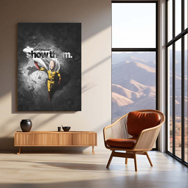 Anime Metal Poster | Saitama – Don’t Explain, Show Them | One Punch Man Motivational Metal Frame | Action & Results Anime Wall Art by TurtleWings