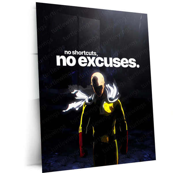 Anime Metal Poster | Saitama – No Shortcuts, No Excuses | One Punch Man Motivational Metal Frame | Discipline & Hard Work Anime Wall Art by TurtleWings