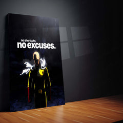 Anime Metal Poster | Saitama – No Shortcuts, No Excuses | One Punch Man Motivational Metal Frame | Discipline & Hard Work Anime Wall Art by TurtleWings