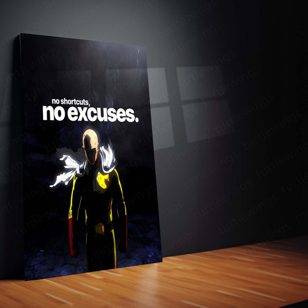 Anime Metal Poster | Saitama – No Shortcuts, No Excuses | One Punch Man Motivational Metal Frame | Discipline & Hard Work Anime Wall Art by TurtleWings