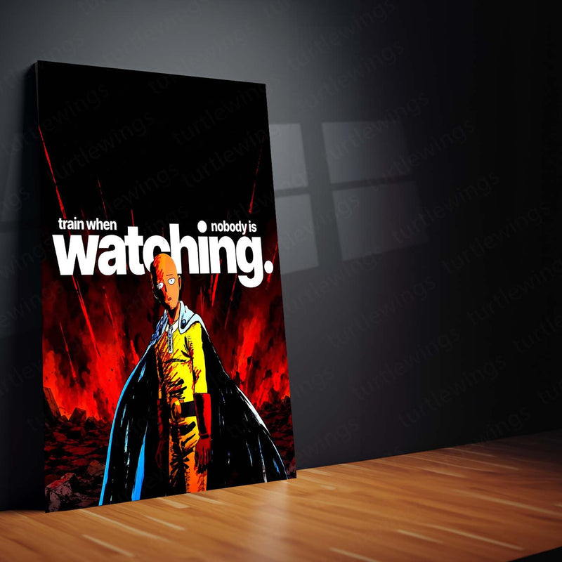 Anime Metal Poster | Saitama – Train When Nobody Is Watching | One Punch Man Motivational Metal Frame | Discipline & Consistency Anime Wall Art by TurtleWings