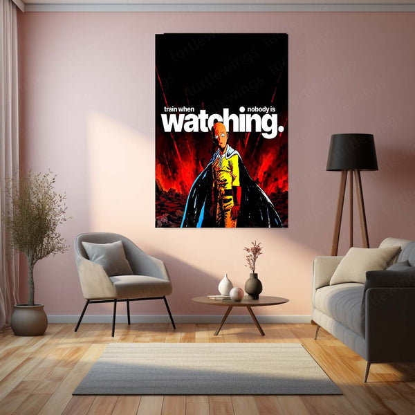 Anime Metal Poster | Saitama – Train When Nobody Is Watching | One Punch Man Motivational Metal Frame | Discipline & Consistency Anime Wall Art by TurtleWings