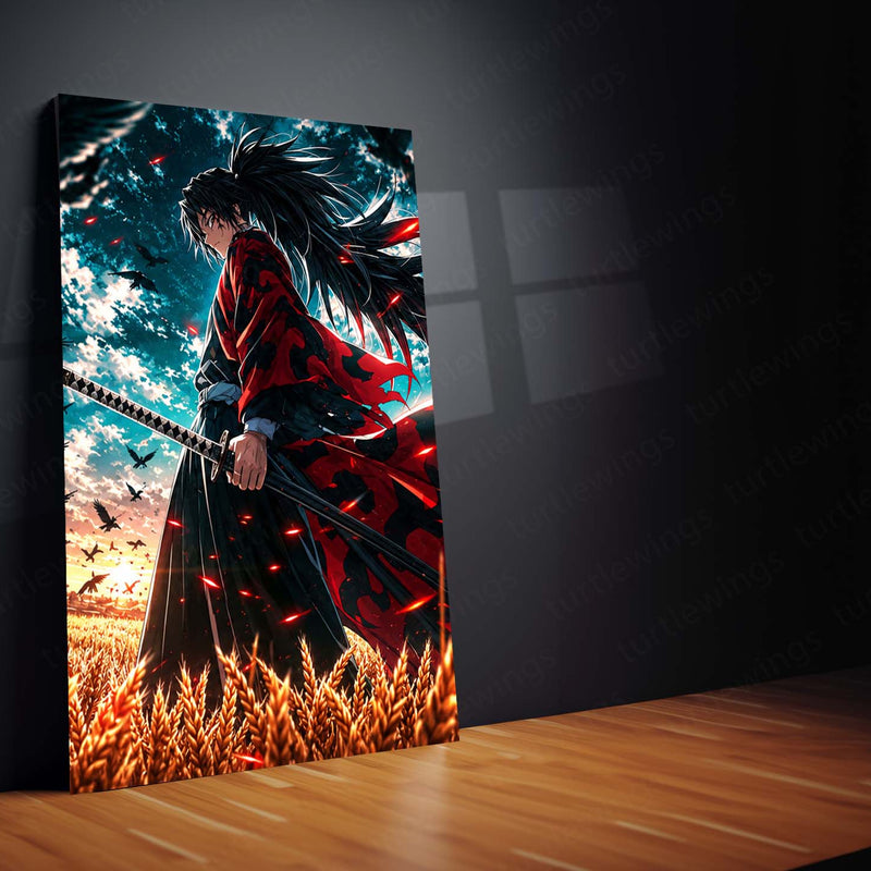 Anime Metal Poster Set of 3 | Samurai Warrior | Golden Wheat Field & Crow Battle Triptych Wall Art | Premium Anime Metal Print