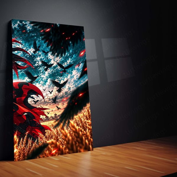 Anime Metal Poster Set of 3 | Samurai Warrior | Golden Wheat Field & Crow Battle Triptych Wall Art | Premium Anime Metal Print