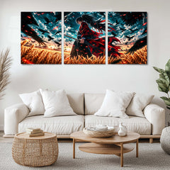 Anime Metal Poster Set of 3 | Samurai Warrior | Golden Wheat Field & Crow Battle Triptych Wall Art | Premium Anime Metal Print