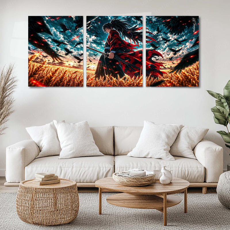 Anime Metal Poster Set of 3 | Samurai Warrior | Golden Wheat Field & Crow Battle Triptych Wall Art | Premium Anime Metal Print