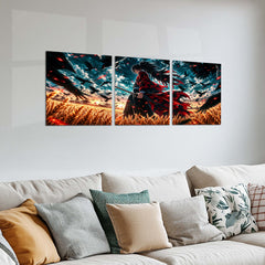 Anime Metal Poster Set of 3 | Samurai Warrior | Golden Wheat Field & Crow Battle Triptych Wall Art | Premium Anime Metal Print