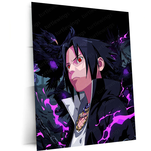 Anime Metal Poster | Sasuke Uchiha Sharingan Metal Poster | Naruto Anime Wall Art | Dark Raven & Purple Aura Metal Print