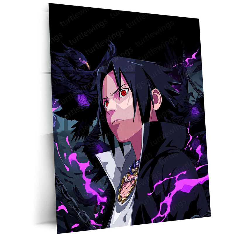 Anime Metal Poster | Sasuke Uchiha Sharingan Metal Poster | Naruto Anime Wall Art | Dark Raven & Purple Aura Metal Print