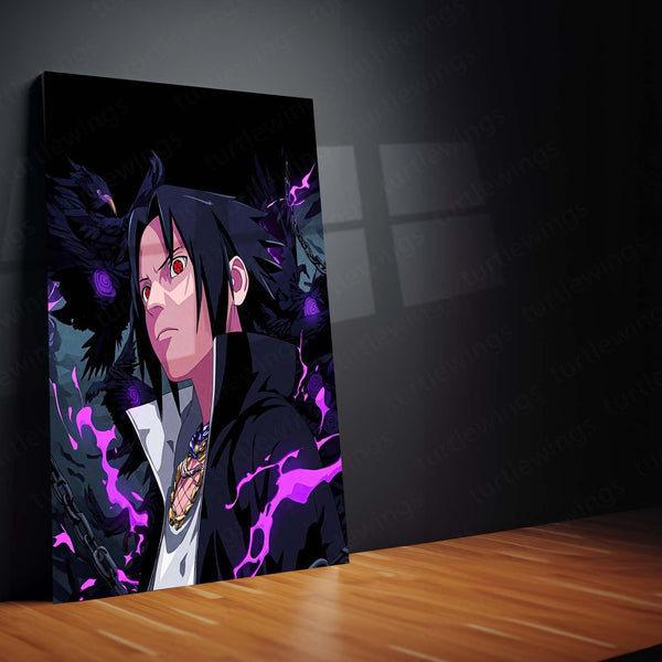 Anime Metal Poster | Sasuke Uchiha Sharingan Metal Poster | Naruto Anime Wall Art | Dark Raven & Purple Aura Metal Print