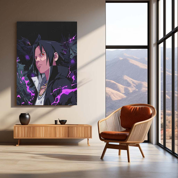 Anime Metal Poster | Sasuke Uchiha Sharingan Metal Poster | Naruto Anime Wall Art | Dark Raven & Purple Aura Metal Print