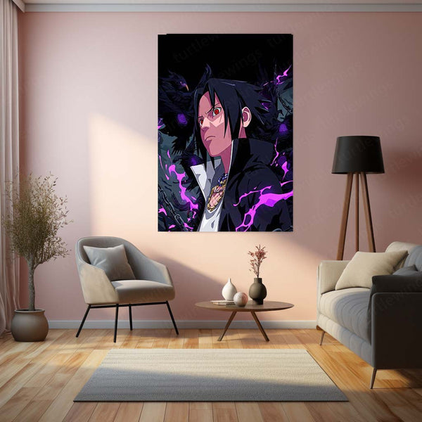 Anime Metal Poster | Sasuke Uchiha Sharingan Metal Poster | Naruto Anime Wall Art | Dark Raven & Purple Aura Metal Print