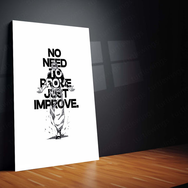 Anime Metal Poster | Satoru Gojo – No Need to Prove, Just Improve | Jujutsu Kaisen Motivational Metal Frame | Self Growth Anime Wall Art by TurtleWings