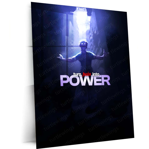 Anime Metal Poster | Satoru Gojo – Turn Pain Into Power | Jujutsu Kaisen Motivational Metal Frame | Dark Anime Strength Wall Art by TurtleWings