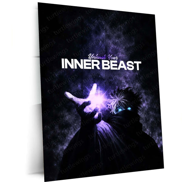 Anime Metal Poster | Satoru Gojo – Unleash Your Inner Beast | Jujutsu Kaisen Motivational Metal Frame | Powerful Anime Wall Art by TurtleWings