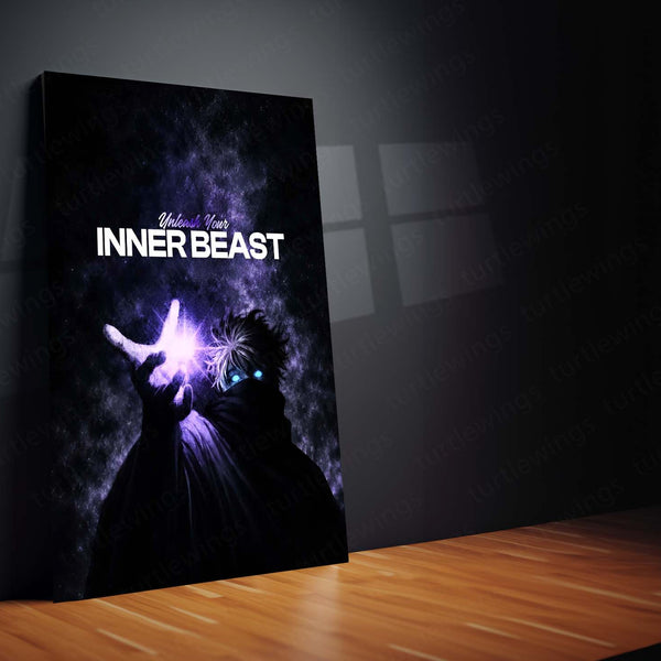 Anime Metal Poster | Satoru Gojo – Unleash Your Inner Beast | Jujutsu Kaisen Motivational Metal Frame | Powerful Anime Wall Art by TurtleWings