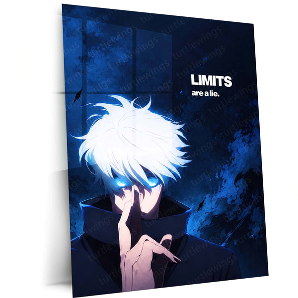 Anime Metal Poster | Satoru Gojo “Limits Are a Lie” Metal Poster | Jujutsu Kaisen Motivational Anime Wall Art | Blue Power & Mindset Metal Print