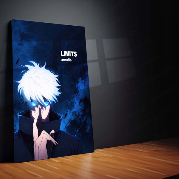 Anime Metal Poster | Satoru Gojo “Limits Are a Lie” Metal Poster | Jujutsu Kaisen Motivational Anime Wall Art | Blue Power & Mindset Metal Print