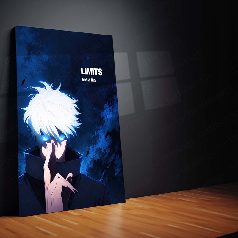 Anime Metal Poster | Satoru Gojo “Limits Are a Lie” Metal Poster | Jujutsu Kaisen Motivational Anime Wall Art | Blue Power & Mindset Metal Print