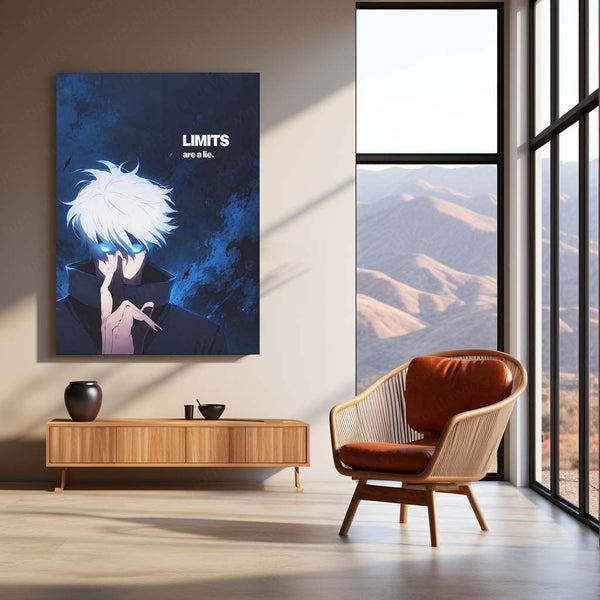 Anime Metal Poster | Satoru Gojo “Limits Are a Lie” Metal Poster | Jujutsu Kaisen Motivational Anime Wall Art | Blue Power & Mindset Metal Print