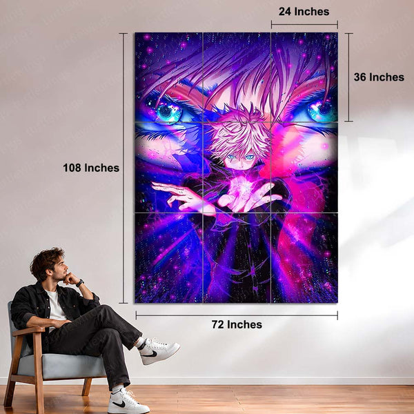 Anime Metal Poster Set of 9 | Satoru Gojo | Jujutsu Kaisen Anime Wall Art | Purple Cursed Energy 9 Panel Metal Print | Gojo Eyes Anime Decor