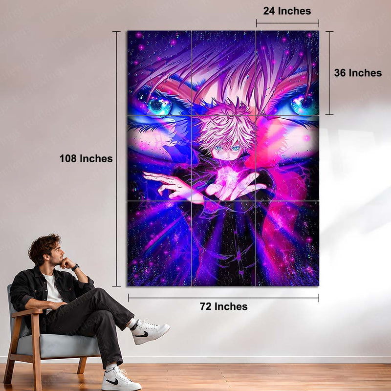 Anime Metal Poster Set of 9 | Satoru Gojo | Jujutsu Kaisen Anime Wall Art | Purple Cursed Energy 9 Panel Metal Print | Gojo Eyes Anime Decor