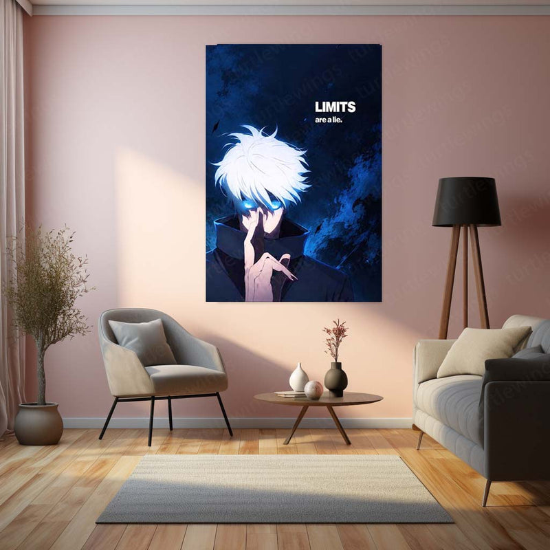 Anime Metal Poster | Satoru Gojo “Limits Are a Lie” Metal Poster | Jujutsu Kaisen Motivational Anime Wall Art | Blue Power & Mindset Metal Print