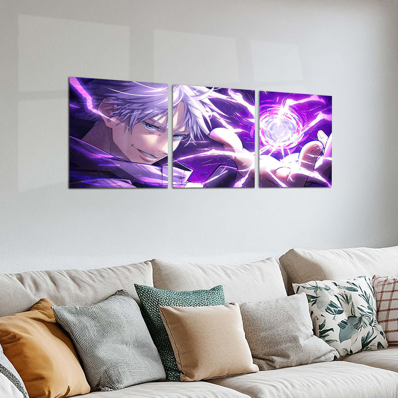 Anime Metal Poster Set of 3 | Jujutsu Kaisen | Satoru Gojo Purple Energy Triptych Wall Art