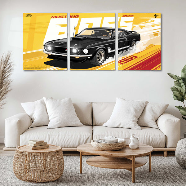 Car Metal Poster Set of 3 | 1969 Ford Mustang Boss 302 | Black Classic Muscle Car Triptych Wall Art | Premium Automotive Metal Print