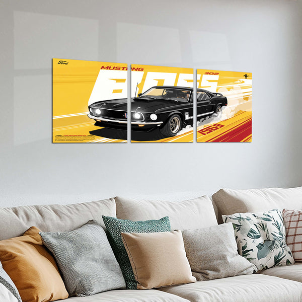 Car Metal Poster Set of 3 | 1969 Ford Mustang Boss 302 | Black Classic Muscle Car Triptych Wall Art | Premium Automotive Metal Print